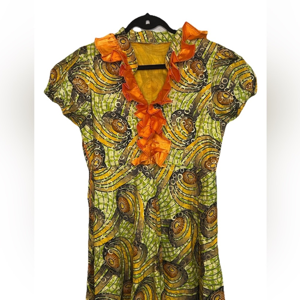 VTG Handmade African Print Maxi Dress Ruffle Puff Sleeve Boho Festival S/M - Picture 4 of 14